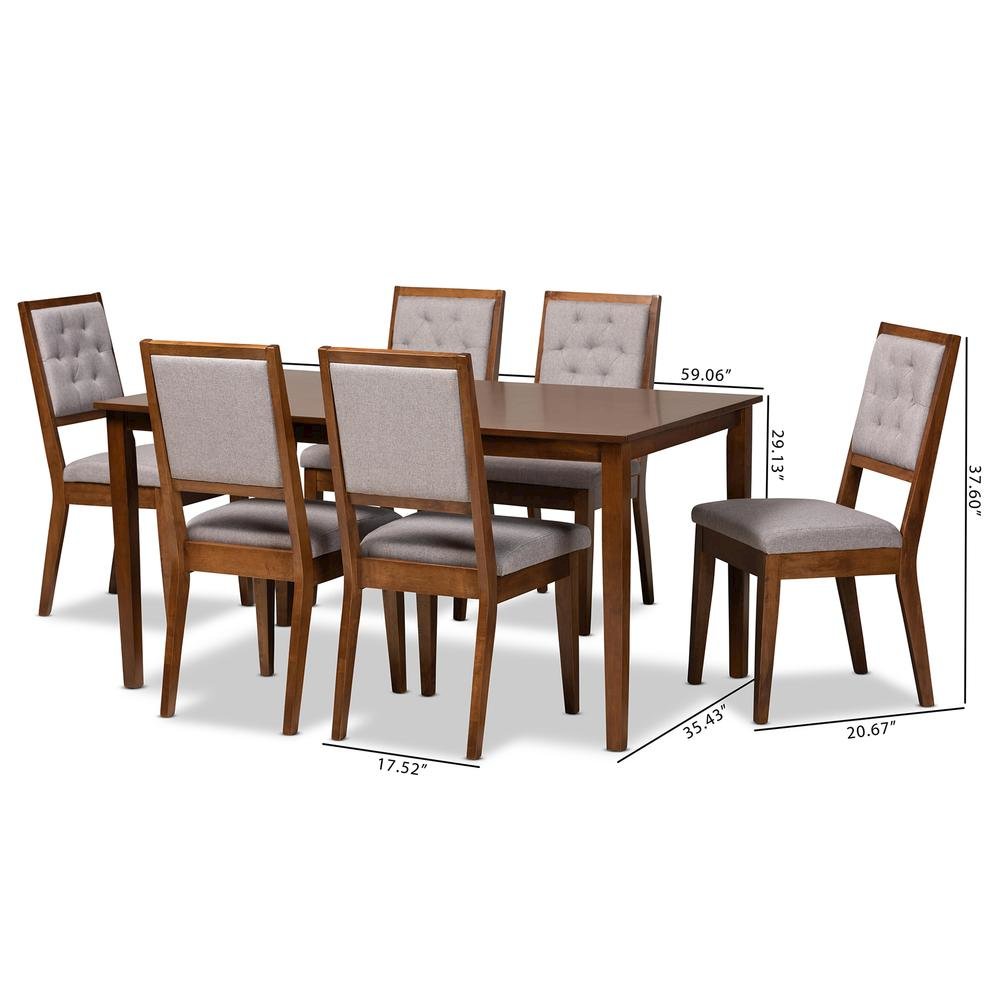 Grey Fabric Upholstered and Walnut Brown Finished Wood 7-Piece Dining Set
