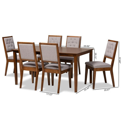 Grey Fabric Upholstered and Walnut Brown Finished Wood 7-Piece Dining Set