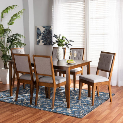 Grey Fabric Upholstered and Walnut Brown Finished Wood 7-Piece Dining Set