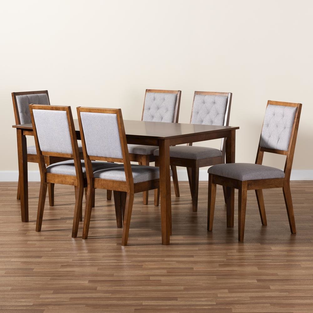 Grey Fabric Upholstered and Walnut Brown Finished Wood 7-Piece Dining Set