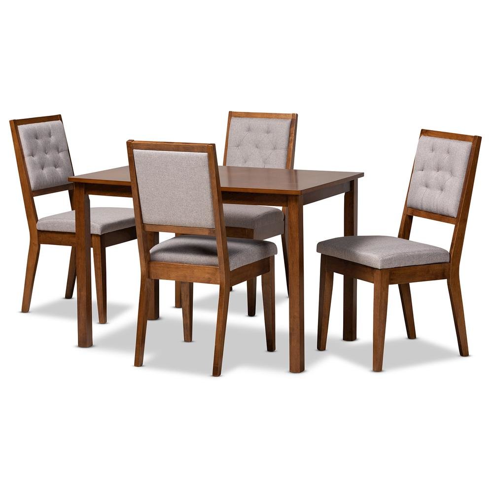 Grey Fabric Upholstered and Walnut Brown Finished Wood 5-Piece Dining Set