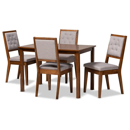 Grey Fabric Upholstered and Walnut Brown Finished Wood 5-Piece Dining Set