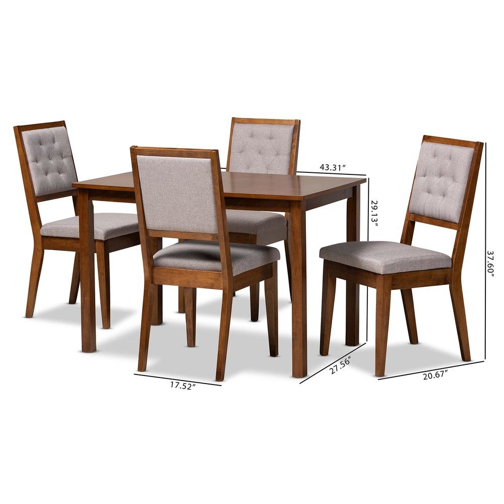 Grey Fabric Upholstered and Walnut Brown Finished Wood 5-Piece Dining Set