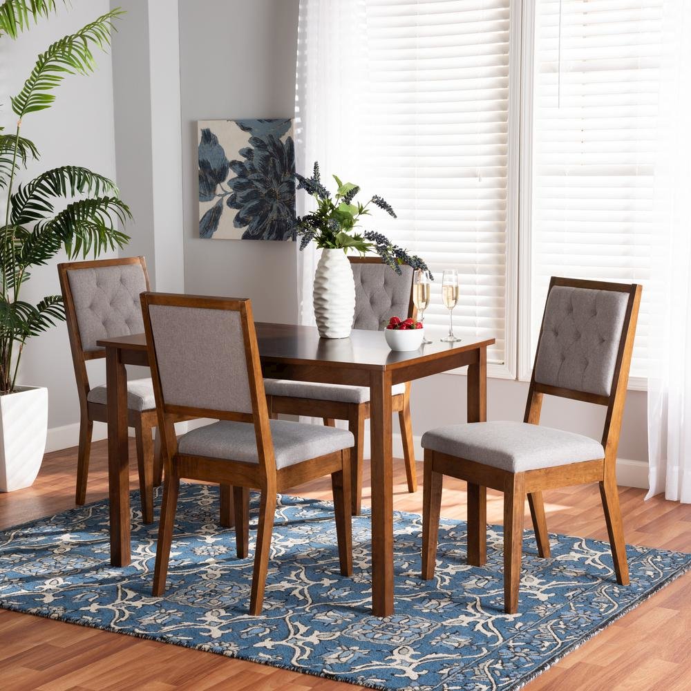 Grey Fabric Upholstered and Walnut Brown Finished Wood 5-Piece Dining Set