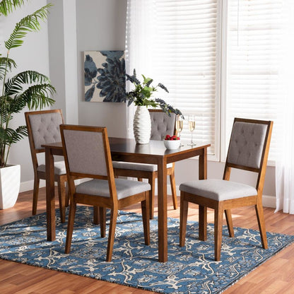 Grey Fabric Upholstered and Walnut Brown Finished Wood 5-Piece Dining Set