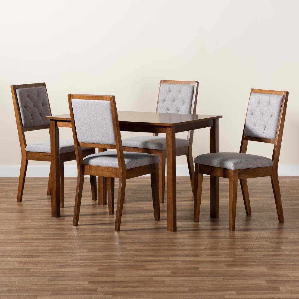 Grey Fabric Upholstered and Walnut Brown Finished Wood 5-Piece Dining Set