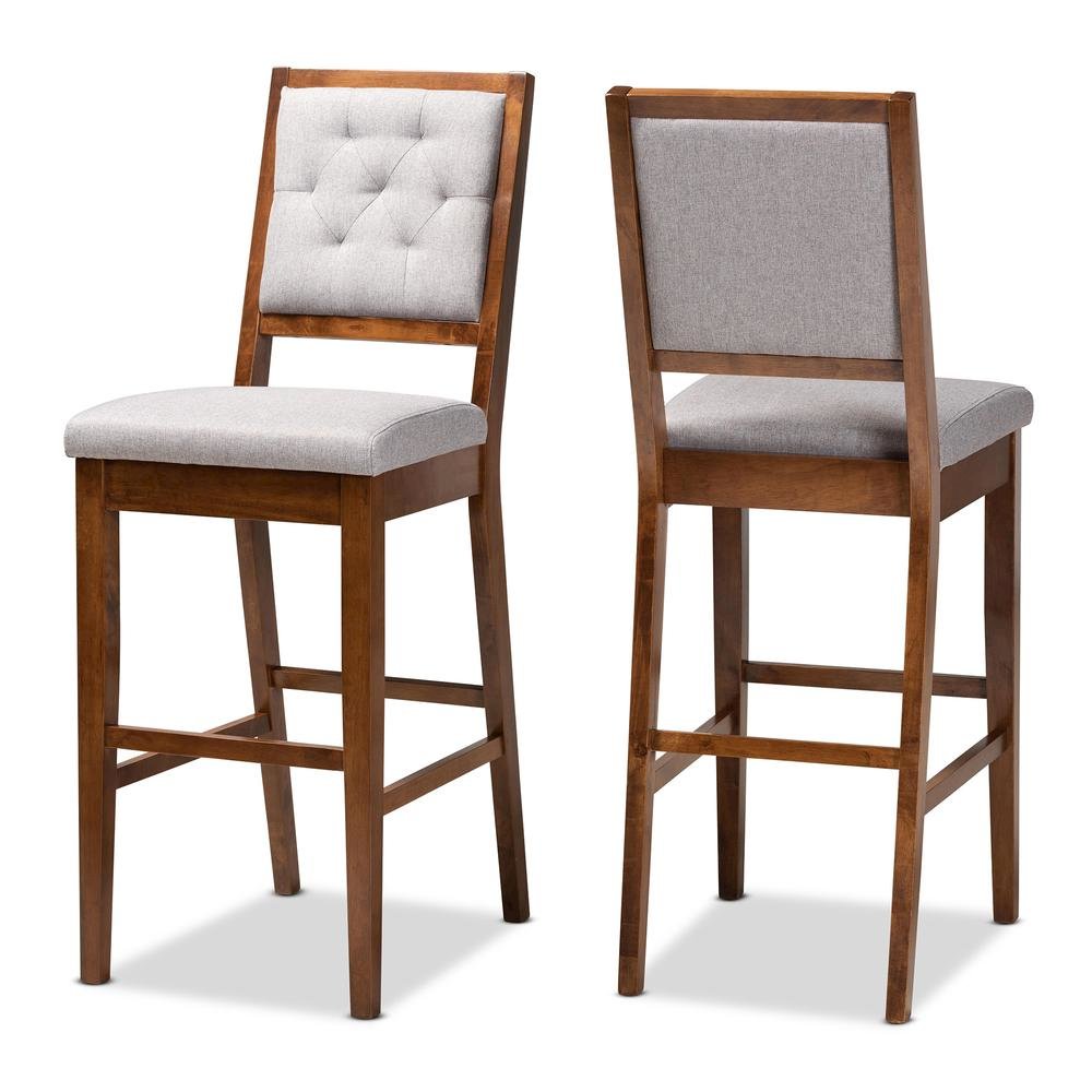 Grey Fabric Upholstered and Walnut Brown Finished Wood 2-Piece Bar Stool Set