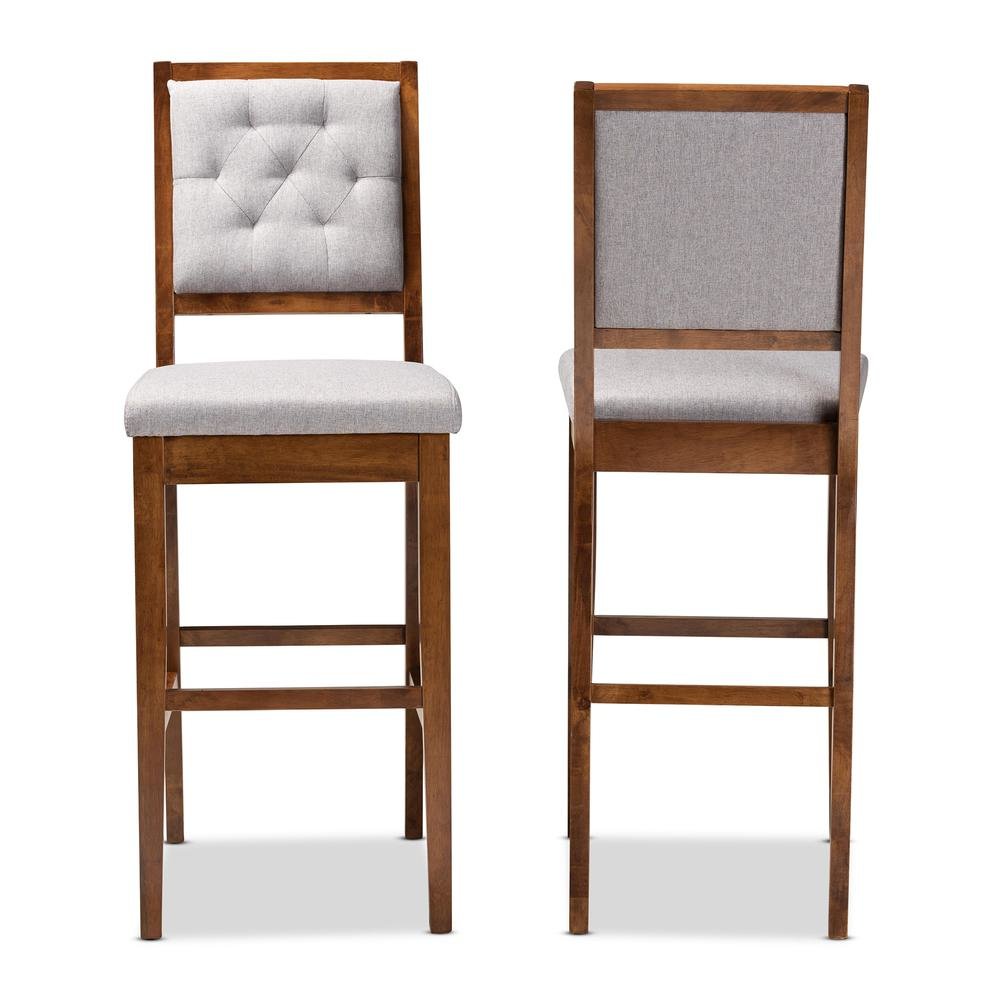 Grey Fabric Upholstered and Walnut Brown Finished Wood 2-Piece Bar Stool Set