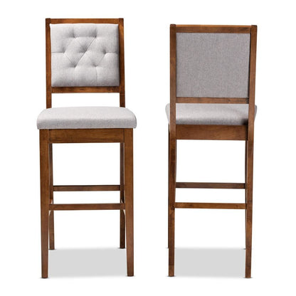 Grey Fabric Upholstered and Walnut Brown Finished Wood 2-Piece Bar Stool Set