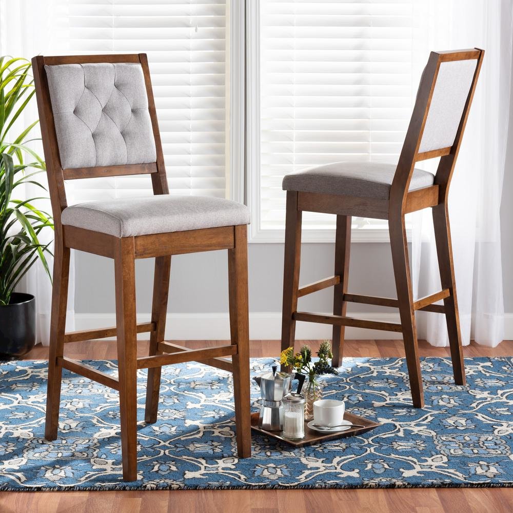 Grey Fabric Upholstered and Walnut Brown Finished Wood 2-Piece Bar Stool Set
