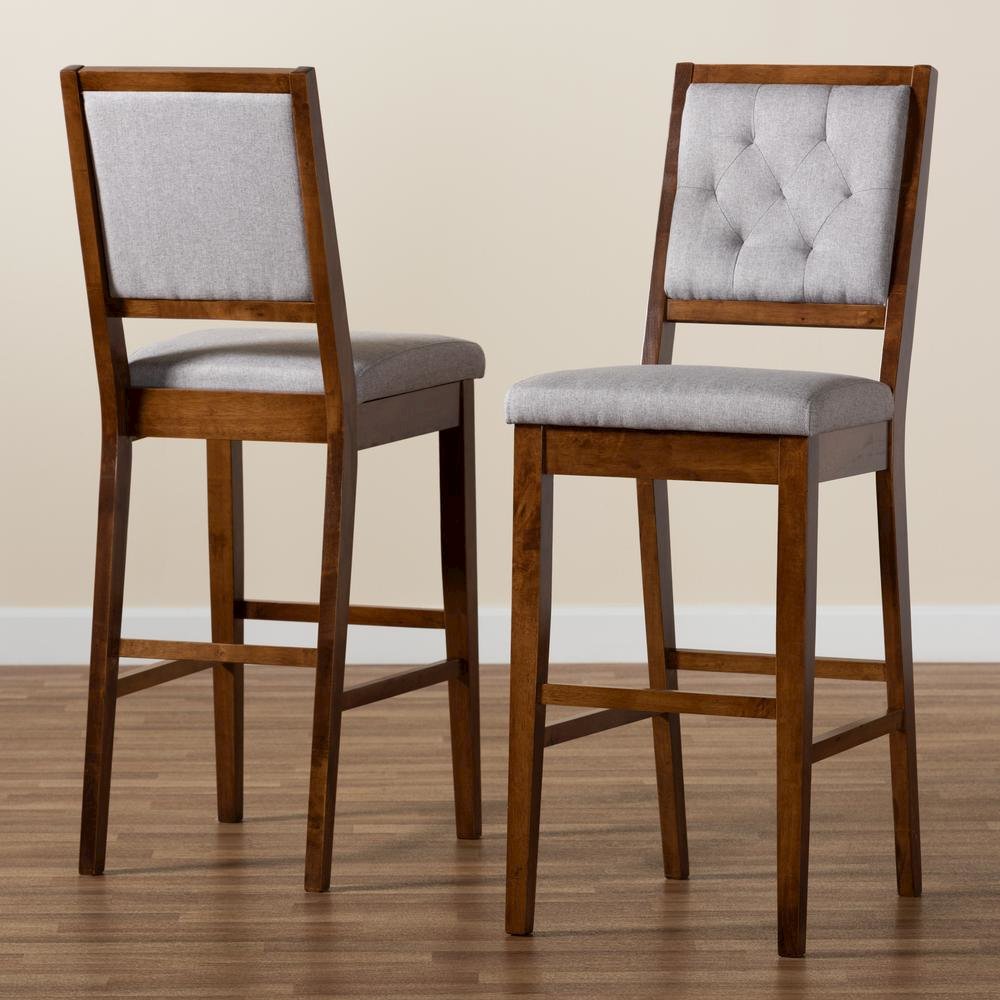 Grey Fabric Upholstered and Walnut Brown Finished Wood 2-Piece Bar Stool Set