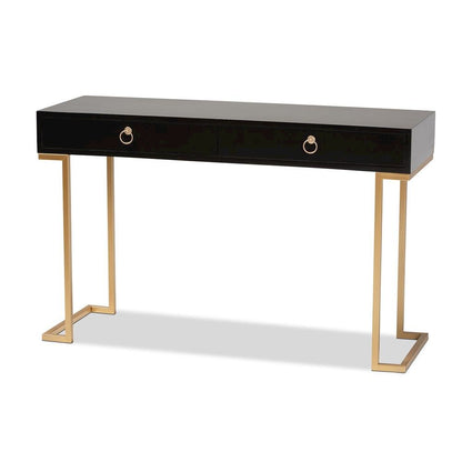 Black Finished Wood and Gold Metal 2-Drawer Console Table