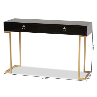 Black Finished Wood and Gold Metal 2-Drawer Console Table