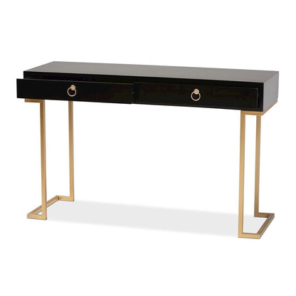Black Finished Wood and Gold Metal 2-Drawer Console Table