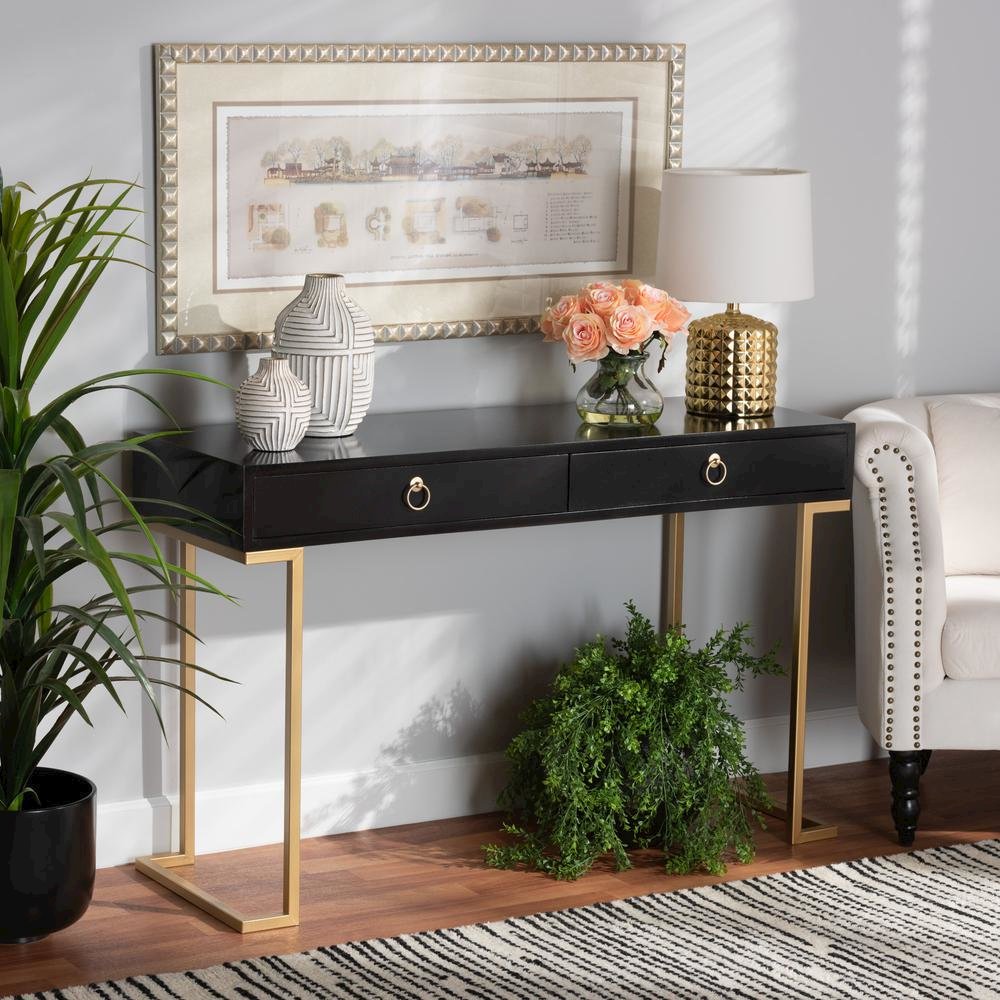 Black Finished Wood and Gold Metal 2-Drawer Console Table
