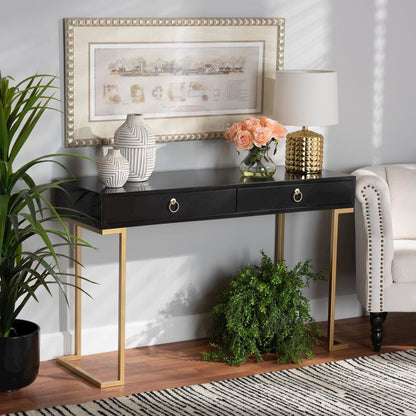 Black Finished Wood and Gold Metal 2-Drawer Console Table