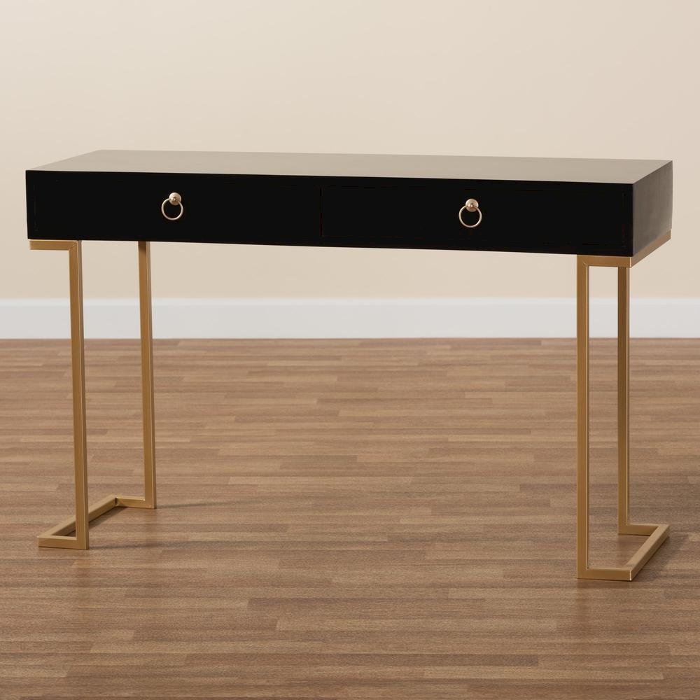 Black Finished Wood and Gold Metal 2-Drawer Console Table
