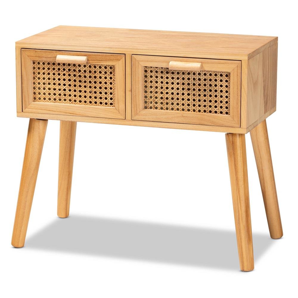 Oak Brown Finished Wood 2-Drawer Console Table with Rattan