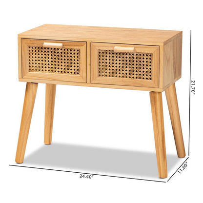 Oak Brown Finished Wood 2-Drawer Console Table with Rattan