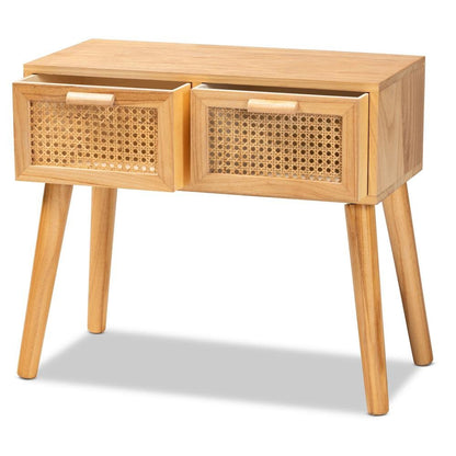 Oak Brown Finished Wood 2-Drawer Console Table with Rattan