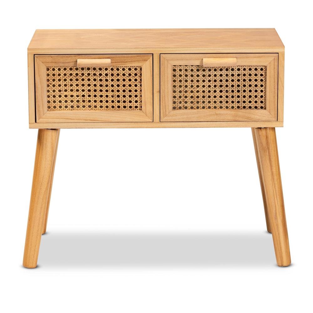 Oak Brown Finished Wood 2-Drawer Console Table with Rattan