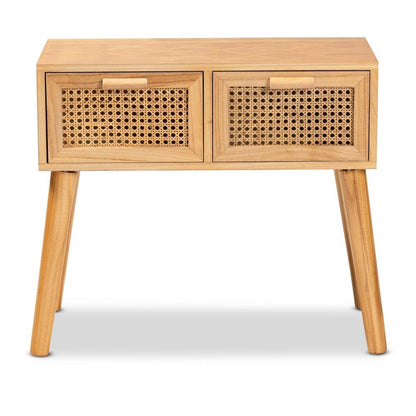 Oak Brown Finished Wood 2-Drawer Console Table with Rattan