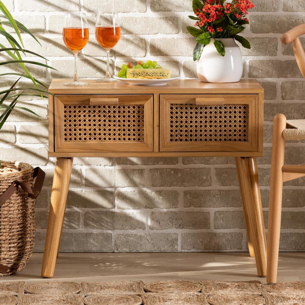 Oak Brown Finished Wood 2-Drawer Console Table with Rattan
