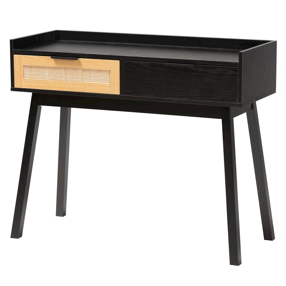 Two-Tone Espresso Brown and Natural Brown Finished Wood 2-Drawer Console Table