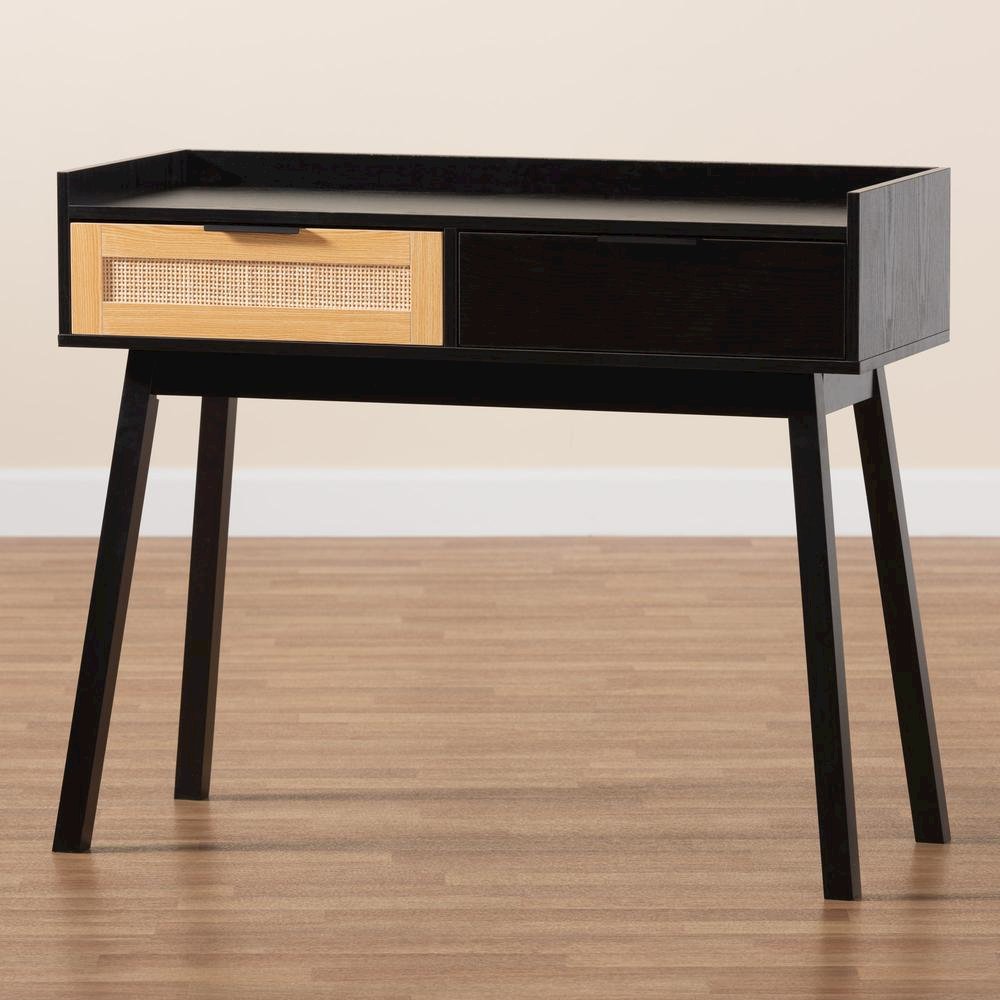 Two-Tone Espresso Brown and Natural Brown Finished Wood 2-Drawer Console Table