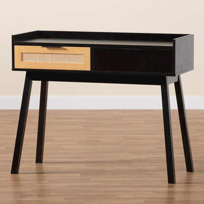 Two-Tone Espresso Brown and Natural Brown Finished Wood 2-Drawer Console Table