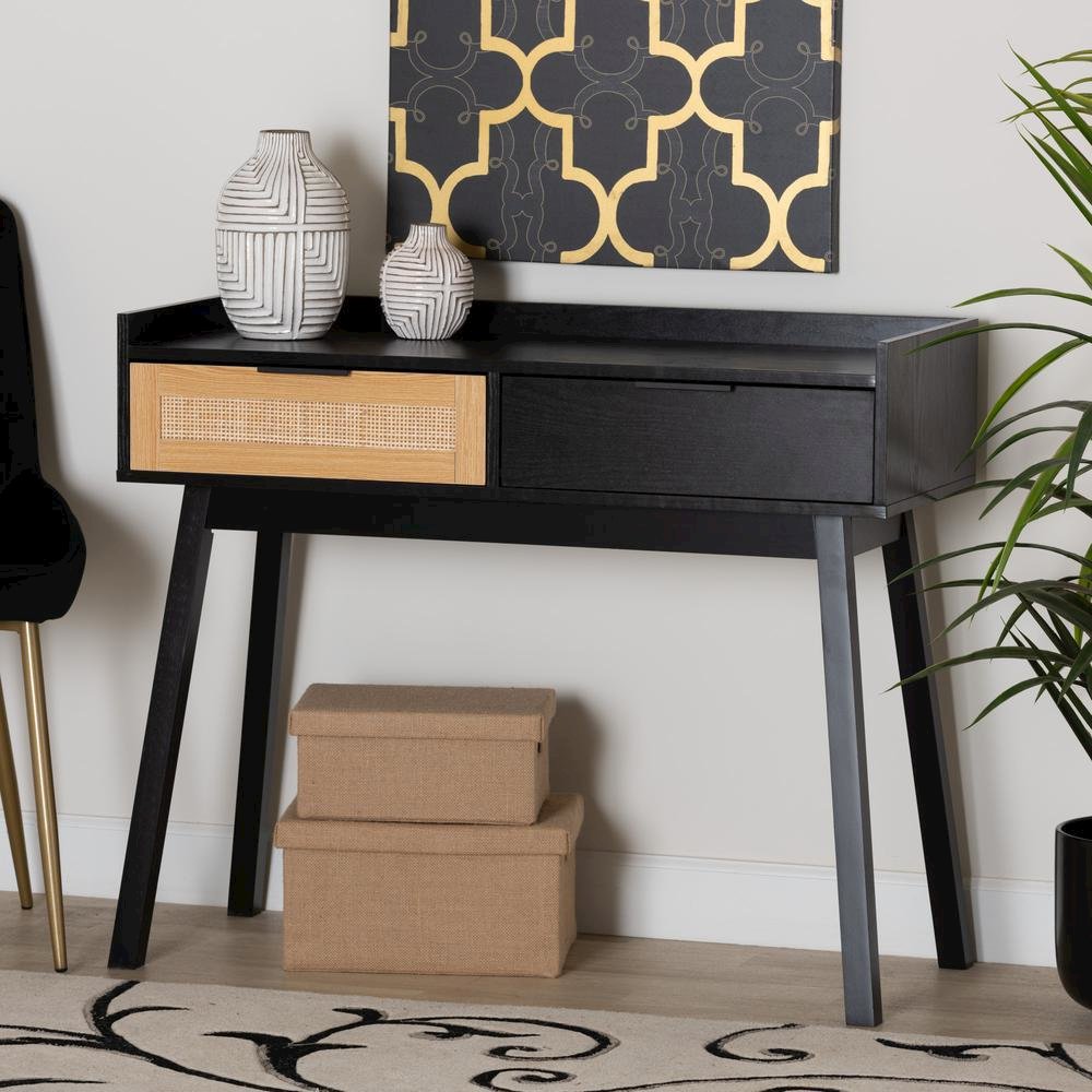 Two-Tone Espresso Brown and Natural Brown Finished Wood 2-Drawer Console Table