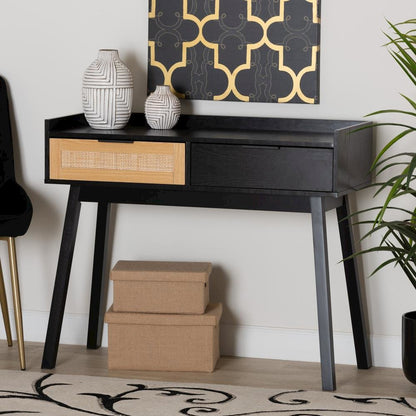 Two-Tone Espresso Brown and Natural Brown Finished Wood 2-Drawer Console Table