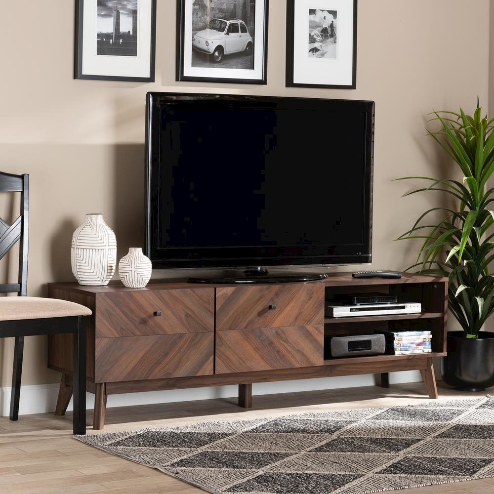 Baxton Studio Hartman Mid-Century Modern Walnut Brown Finished Wood TV Stand