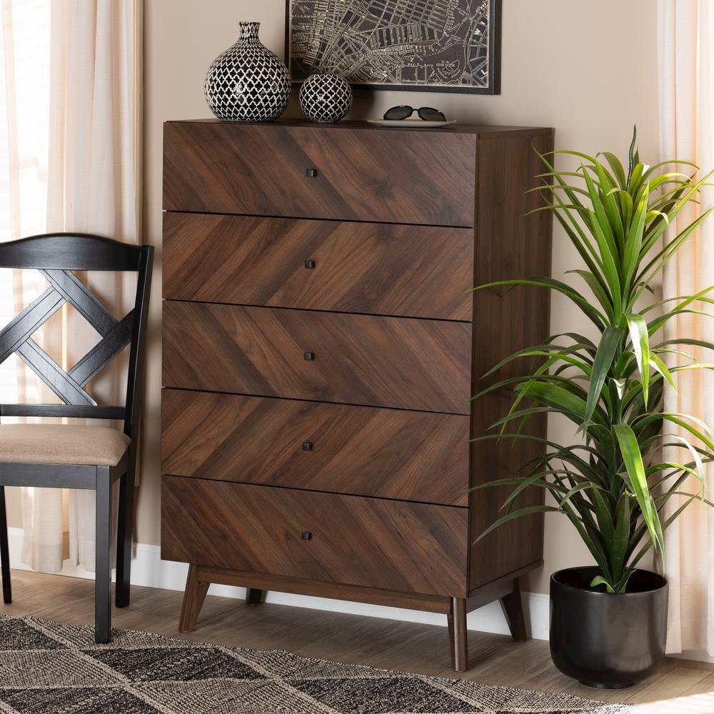 Hartman Mid-Century Modern Walnut Brown Finished Wood 5-Drawer Storage Chest