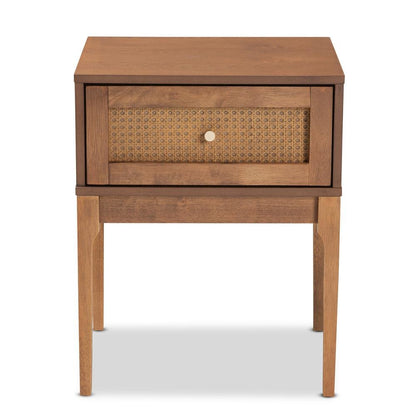 Ash Walnut Finished Wood and Rattan 1-Drawer Nightstand