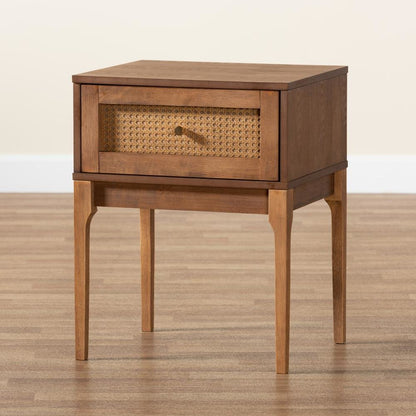 Ash Walnut Finished Wood and Rattan 1-Drawer Nightstand