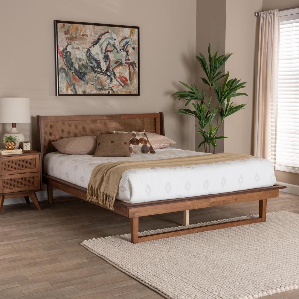 Aveena Mid-Century Modern Walnut Brown Finished Wood Queen Size Platform Bed