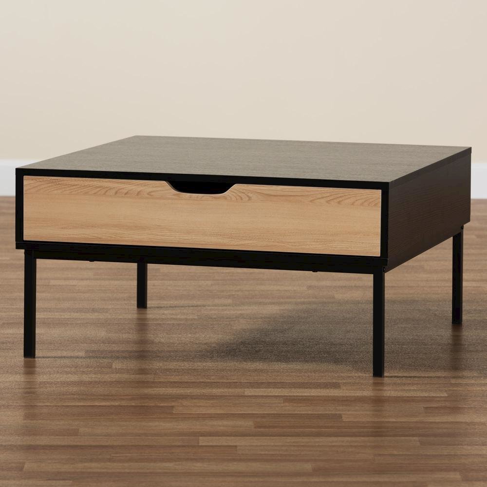 Two-Tone Oak Brown and Black Finished Wood Coffee Table