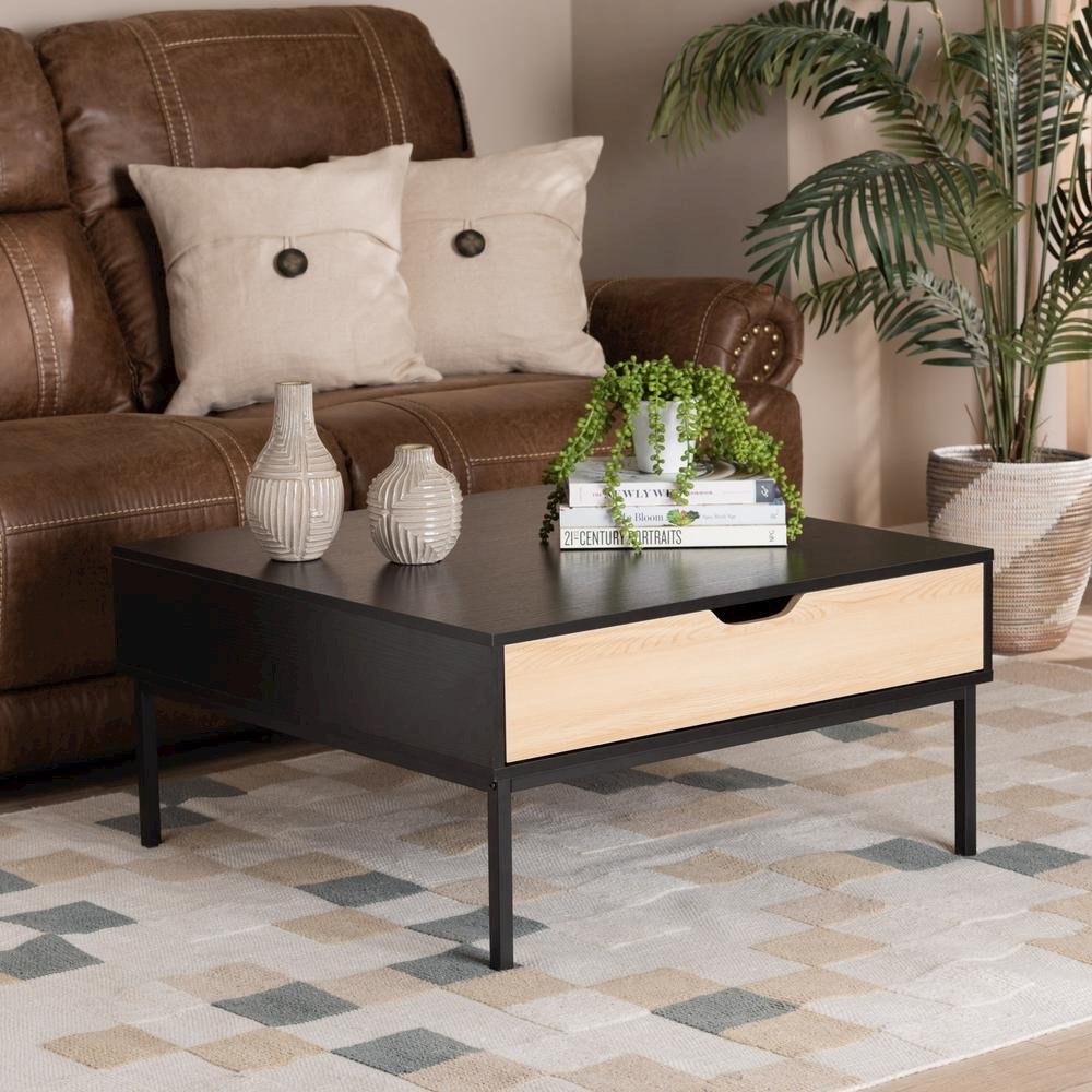 Two-Tone Oak Brown and Black Finished Wood Coffee Table