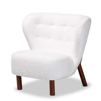 White Boucle Upholstered and Walnut Brown Finished Wood Accent Chair