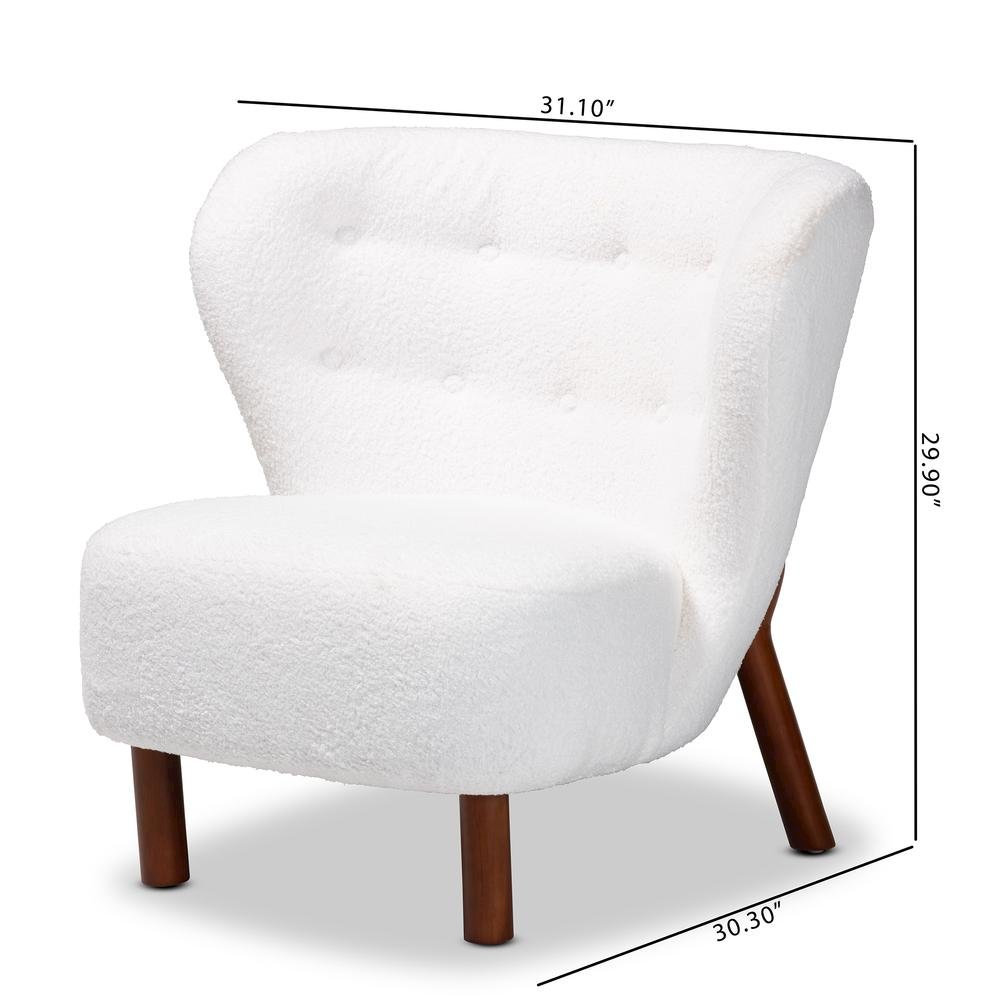 White Boucle Upholstered and Walnut Brown Finished Wood Accent Chair