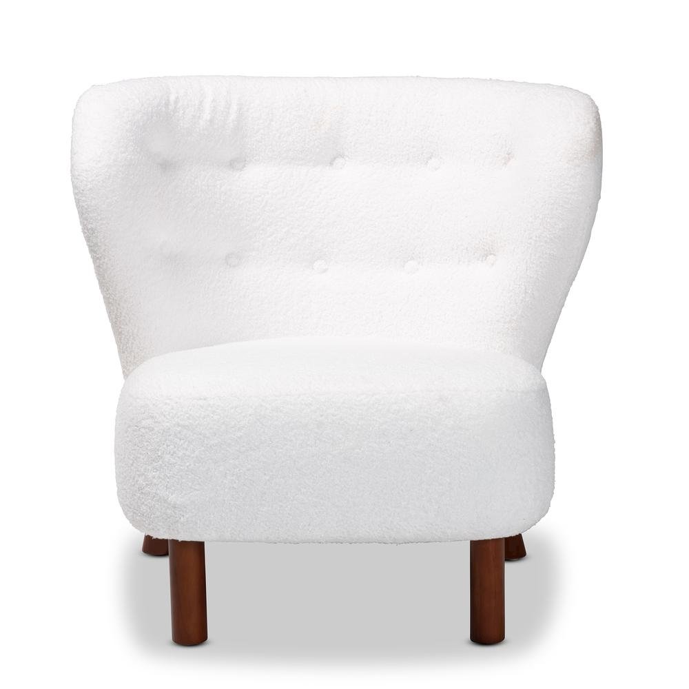 White Boucle Upholstered and Walnut Brown Finished Wood Accent Chair