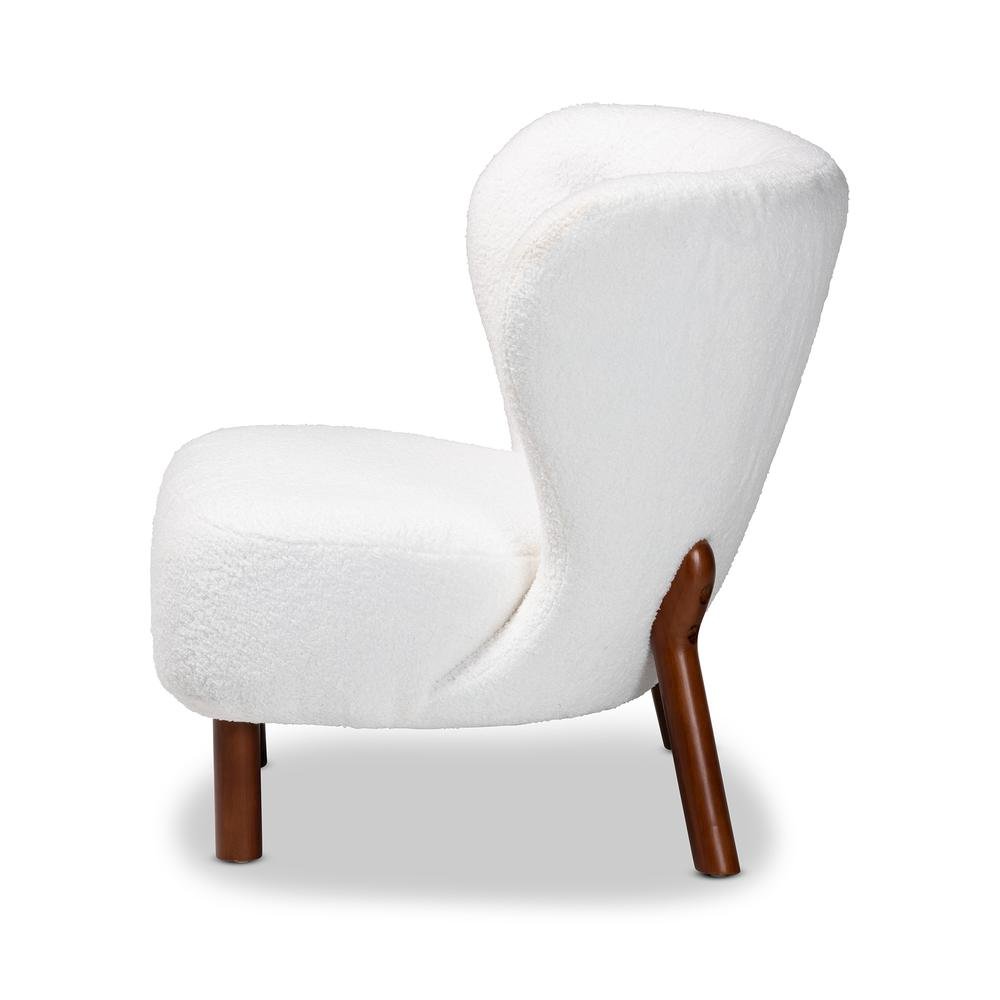 White Boucle Upholstered and Walnut Brown Finished Wood Accent Chair