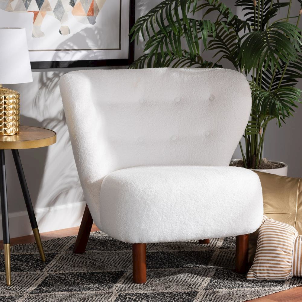 White Boucle Upholstered and Walnut Brown Finished Wood Accent Chair