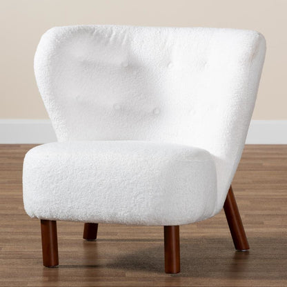 White Boucle Upholstered and Walnut Brown Finished Wood Accent Chair