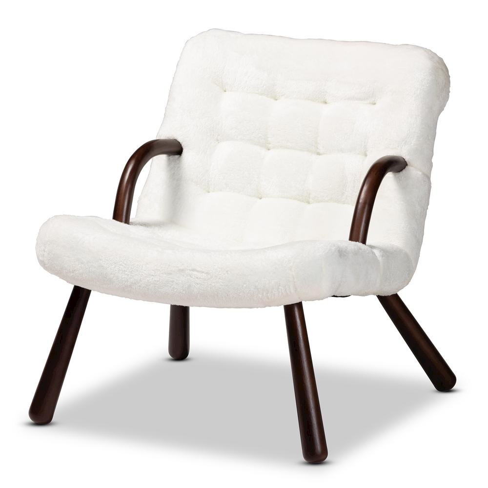 White Sherpa Upholstered and Walnut Brown Finished Wood Accent Chair