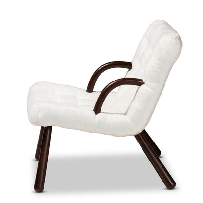White Sherpa Upholstered and Walnut Brown Finished Wood Accent Chair