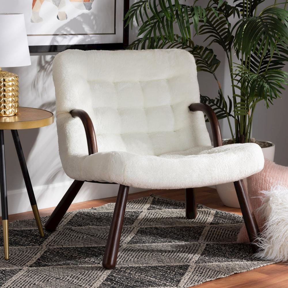 White Sherpa Upholstered and Walnut Brown Finished Wood Accent Chair