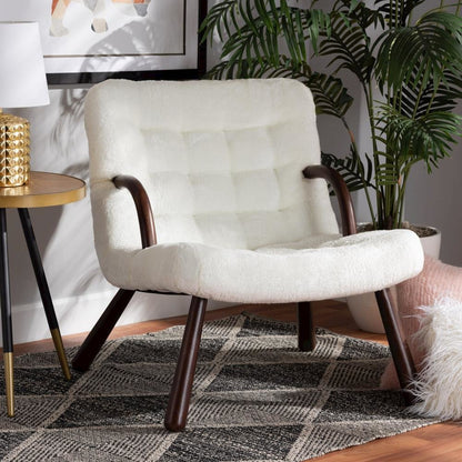 White Sherpa Upholstered and Walnut Brown Finished Wood Accent Chair