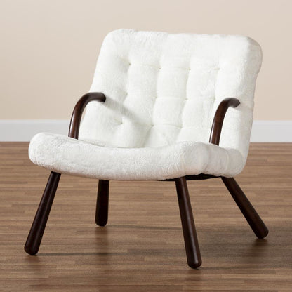 White Sherpa Upholstered and Walnut Brown Finished Wood Accent Chair